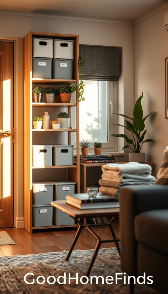 A cozy small home storage setup that showcases clever organization solutions. In the foreground, a stylish wooden shelving unit filled with labeled storage boxes, potted plants, and decorative items. In the middle, a small table stacked with neatly folded blankets and a few books, emphasizing a clutter-free environment. The background features a softly lit living area with a bright window allowing natural light to flood in, casting warm shadows. The mood is inviting and serene, reflecting an atmosphere of calm and organization. Shot with a shallow depth of field to focus on the storage area, highlighting the harmony between functionality and aesthetics. Create this lifestyle image in a Pinterest-inspired style, branding it subtly with "GoodHomeFinds." A cozy small home storage setup that showcases clever organization solutions. In the foreground, a stylish wooden shelving unit filled with labeled storage boxes, potted plants, and decorative items. In the middle, a small table stacked with neatly folded blankets and a few books, emphasizing a clutter-free environment. The background features a softly lit living area with a bright window allowing natural light to flood in, casting warm shadows. The mood is inviting and serene, reflecting an atmosphere of calm and organization. Shot with a shallow depth of field to focus on the storage area, highlighting the harmony between functionality and aesthetics. Create this lifestyle image in a Pinterest-inspired style, branding it subtly with "GoodHomeFinds."