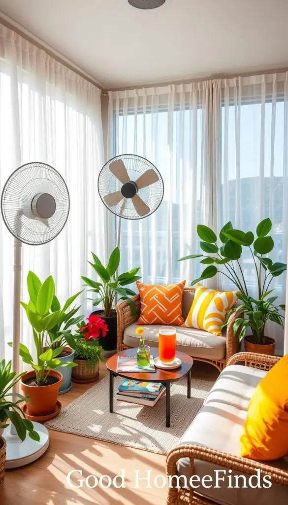A cozy, small indoor space designed for summer comfort, featuring a bright and airy feel. In the foreground, a stylish fan circulates cool air, surrounded by vibrant potted plants and colorful summer cushions on a compact sofa. The middle ground showcases a small coffee table with refreshing beverages and summer magazines, inviting relaxation. In the background, large windows draped with sheer curtains allow soft, natural light to flood the room, casting gentle shadows. The overall ambiance is serene and refreshing, perfect for hot summer days. The image captures a lifestyle moment emphasizing comfort and style. Bright, natural lighting emphasizes the liveliness of the scene. A subtle watermark with "GoodHomeFinds" integrated at the bottom corner adds branding.