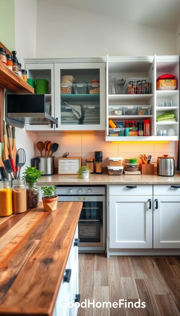 A cozy, small kitchen beautifully organized with a focus on maximizing space and functionality. In the foreground, a rustic wooden countertop features neatly arranged kitchen tools, colorful spices in glass containers, and a small potted herb garden. The middle ground showcases well-organized cabinets with clear bins and drawer dividers that highlight a variety of utensils and food items, emphasizing efficient storage solutions. The background reveals warm, ambient lighting filtering through a large window, creating a welcoming atmosphere. The scene is styled in a modern, Pinterest-inspired aesthetic with a touch of hominess, echoing the brand "GoodHomeFinds." The photo is shot with a wide-angle lens to capture the full scope of the space from a slight overhead angle, invoking a sense of harmony and practicality.