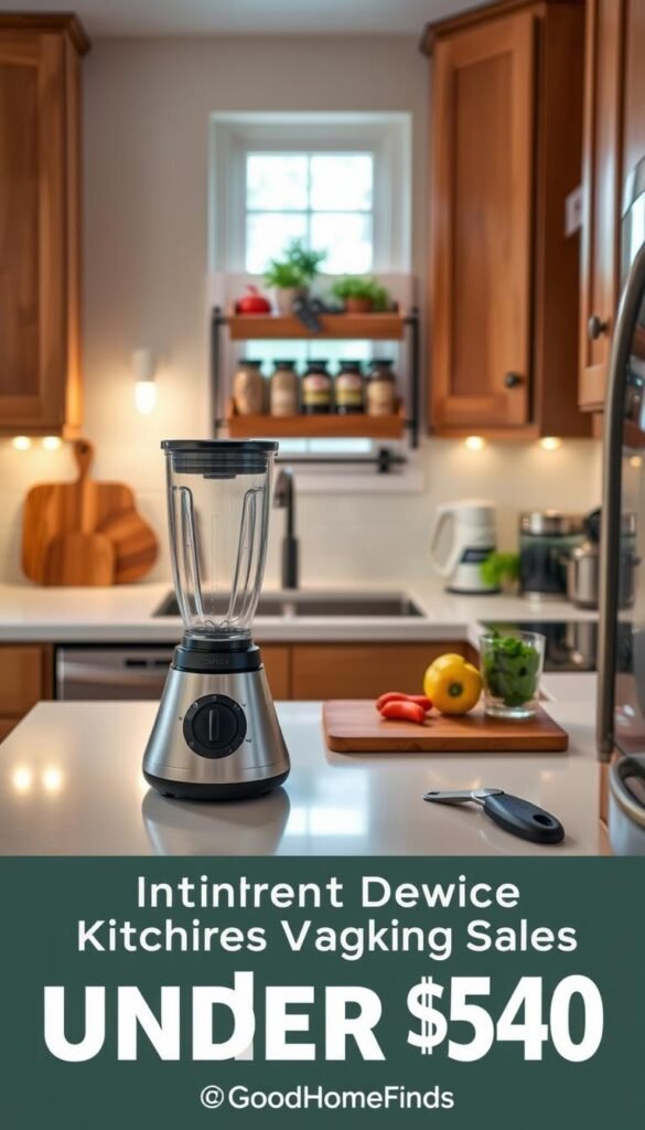 A cozy small kitchen designed for functionality and style, featuring modern kitchen device upgrades under $50. In the foreground, a sleek countertop with an elegant, compact blender and a stylish cutting board with fresh ingredients. The middle ground showcases a well-organized spice rack and a handy kitchen gadget like a vegetable peeler and measuring cups. In the background, warm wooden cabinets and soft ambient lighting create an inviting atmosphere, with a window allowing natural light to flood in. The scene captures a sense of efficiency and charm, highlighting the benefits of having upgraded kitchen tools&mdash;even in a limited space. The overall mood is bright and cheerful, perfect for inspiring readers. Include elements branded with "GoodHomeFinds" subtly in the kitchen decor.