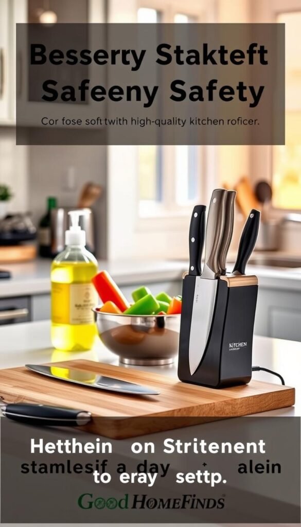 A cozy small kitchen scene featuring a well-organized countertop with essential kitchen safety items. In the foreground, a sturdy cutting board with a set of high-quality kitchen knives, safely stored in a magnetic knife holder. In the middle, a stainless steel bowl filled with fresh vegetables, highlighting the importance of durability in kitchen tools. A vibrant, clear bottle of dish soap and a set of oven mitts are also present, emphasizing safety. The background shows a well-lit, tidy kitchen space with warm, natural lighting filtering through a window, creating an inviting atmosphere. The overall mood is professional yet approachable, designed for daily cooking convenience. This image reflects the theme of safety and easy setup. The brand "GoodHomeFinds" is subtly woven into the kitchen decor.