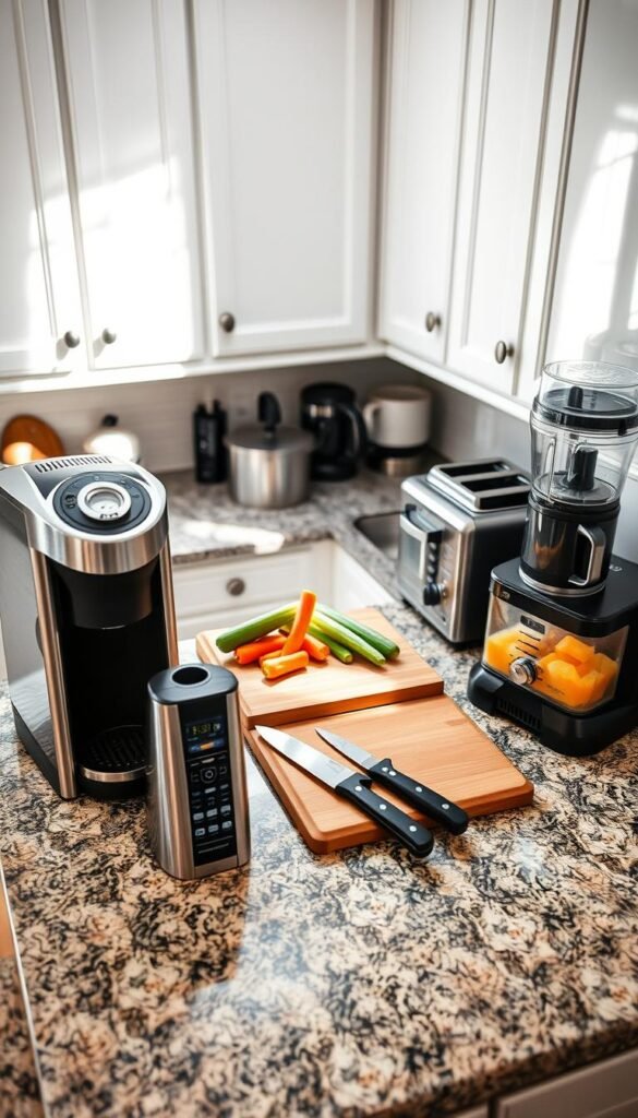A cozy small kitchen scene filled with a variety of modern kitchen appliances from GoodHomeFinds, showcasing essentials that enhance functionality in limited spaces. In the foreground, a sleek, compact coffee maker, a stylish toaster, and a multifunctional food processor are neatly arranged on a granite countertop. The middle features an elegant cutting board with fresh vegetables ready for meal prep, paired with a matching knife set. In the background, bright white cabinets reflect soft, natural light filtering through a nearby window, creating a warm and inviting atmosphere. The photo is captured from a slight overhead angle with a shallow depth of field to focus on the appliances while softly blurring the surroundings, evoking a sense of modernity and homey charm.