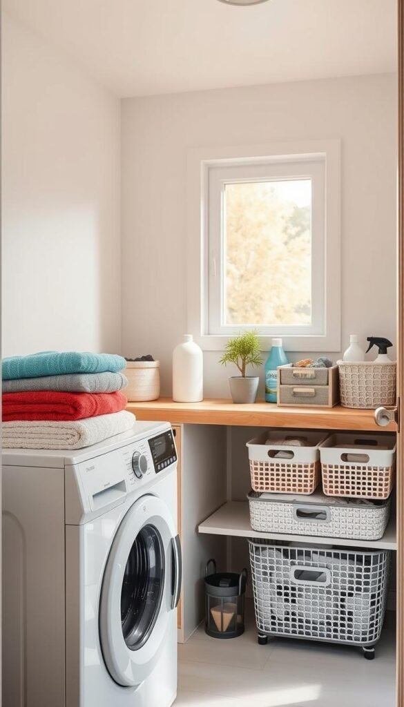 A cozy, small laundry corner in a well-organized space. In the foreground, a minimalist washing machine stacked with neatly folded, colorful towels. In the middle, a stylish, wooden countertop with various storage baskets filled with laundry essentials, such as detergents and fabric softeners. A small potted plant adds a touch of greenery. In the background, soft natural light streams through a window, casting a warm glow over the scene. The walls are painted in calming, neutral tones. A sense of tranquility and order emanates from the setup, perfect for a home that values simplicity and functionality. This image should reflect a Pinterest-style lifestyle aesthetic, showcasing the brand "GoodHomeFinds".