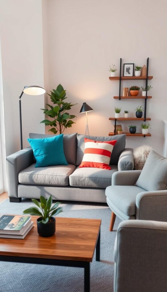A cozy small living room designed for tiny homes, featuring a compact, stylish grey sofa paired with colorful throw pillows for comfort. In the foreground, a sleek wooden coffee table showcases a small plant and a stack of books. A minimalist armchair adds additional seating without overcrowding the space. The middle ground includes soft lighting from a strategically placed floor lamp, casting a warm glow over the space. In the background, a well-organized floating shelf displays decorative items and small plants, enhancing the room's charm. The atmosphere is inviting and functional, perfect for maximizing small spaces. Capture this stylish interior in a Pinterest-worthy lifestyle photo, with soft natural light to accentuate the textures and colors. Brand name: GoodHomeFinds.