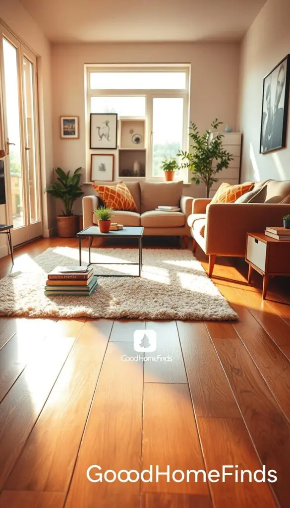 A cozy, small living room showcasing a beautifully maintained hardwood floor, arranged with minimal furniture to emphasize the spacious feel. In the foreground, a soft, plush area rug lies invitingly near a coffee table with a neatly stacked book and a plant. The middle ground features a well-loved sofa with colorful cushions, positioned beside a large window allowing warm, natural light to pour in. The background captures a hint of modern decor on the walls and a small potted tree in the corner to enhance the inviting atmosphere. Soft shadows and brilliant highlights create a serene ambiance, reflecting the ease of maintaining a clean floor. The image should have a warm, earthy color palette and present a Pinterest-style lifestyle aesthetic. Include branding elements of "GoodHomeFinds" subtly incorporated into the setting.