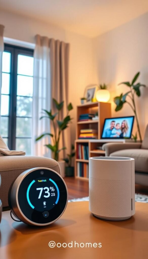 A cozy small living room showcasing the benefits of offline smart home gadgets. In the foreground, a sleek, modern smart thermostat and a stylish air purifier with an ambient glow, enhancing the atmosphere. The middle ground features a compact bookshelf filled with books on home improvement, along with a digital photo frame displaying vibrant family moments. In the background, a large window lets in warm, natural daylight, creating a welcoming ambiance. The room is decorated with indoor plants for a touch of greenery and a soft, neutral color palette to evoke tranquility. The mood is warm and inviting, illustrating convenience and comfort in a small living space. The scene is styled in a Pinterest-like aesthetic, reflecting the brand "GoodHomeFinds".