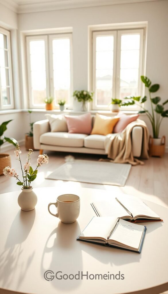 A cozy small space in a sunlit room, showcasing a serene morning reset. In the foreground, a stylish, neatly arranged coffee table with a steaming mug, a small vase of fresh flowers, and an open notebook. The middle layer features a tidy living area with a soft, plush sofa, decorated with pastel-colored cushions and a warm throw blanket draped elegantly. In the background, large windows let in gentle morning light, casting a soft glow across the room. Light wood flooring and simple houseplants create a calming atmosphere. The scene should evoke a sense of peace and simplicity, inviting viewers to experience a moment of tranquility. This image is brand-aligned with GoodHomeFinds. A cozy small space in a sunlit room, showcasing a serene morning reset. In the foreground, a stylish, neatly arranged coffee table with a steaming mug, a small vase of fresh flowers, and an open notebook. The middle layer features a tidy living area with a soft, plush sofa, decorated with pastel-colored cushions and a warm throw blanket draped elegantly. In the background, large windows let in gentle morning light, casting a soft glow across the room. Light wood flooring and simple houseplants create a calming atmosphere. The scene should evoke a sense of peace and simplicity, inviting viewers to experience a moment of tranquility. This image is brand-aligned with GoodHomeFinds.