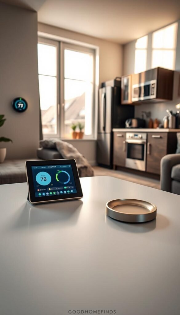 A cozy small-space living room featuring smart home technology in action. In the foreground, a sleek, modern coffee table holds a tablet displaying energy usage statistics. A woman in modest casual clothing adjusts a smart thermostat on the wall, emphasizing convenience and efficiency. The middle layer showcases a stylish sofa with smart lighting above, highlighting the warmth created by automated control. In the background, a compact kitchen features smart appliances seamlessly integrated into the space. Soft natural light streams through large windows, casting gentle shadows that create an inviting atmosphere. The overall mood is harmonious and efficient, reflecting the real benefits of home automation in enhancing small living environments. This image embodies the brand "GoodHomeFinds," showcasing practical solutions for modern living. A cozy small-space living room featuring smart home technology in action. In the foreground, a sleek, modern coffee table holds a tablet displaying energy usage statistics. A woman in modest casual clothing adjusts a smart thermostat on the wall, emphasizing convenience and efficiency. The middle layer showcases a stylish sofa with smart lighting above, highlighting the warmth created by automated control. In the background, a compact kitchen features smart appliances seamlessly integrated into the space. Soft natural light streams through large windows, casting gentle shadows that create an inviting atmosphere. The overall mood is harmonious and efficient, reflecting the real benefits of home automation in enhancing small living environments. This image embodies the brand "GoodHomeFinds," showcasing practical solutions for modern living.