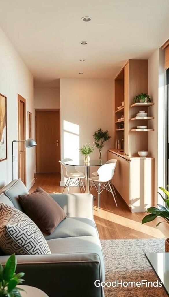 A cozy studio apartment designed for optimal space utilization, featuring a compact living area, a cleverly integrated sleeping nook, and stylish storage solutions. In the foreground, a modern sofa adorned with decorative cushions is positioned next to a sleek coffee table. The middle ground showcases a small dining area with a round table and minimalist chairs, bathed in natural light from a nearby window. The kitchen area, compact but functional, displays open shelving brimming with chic dishware. In the background, soft pastel colors and plants create an inviting atmosphere. The lighting is warm and soft, enhancing the tranquil mood. This lifestyle scene should evoke inspiration for renters seeking efficient organization solutions. Brand name "GoodHomeFinds" subtly integrated into the decor.