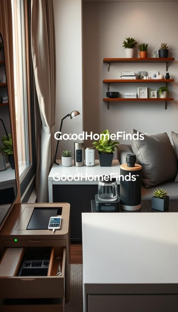 A cozy, stylish apartment corner showcasing innovative small space devices. In the foreground, a sleek, multifunctional furniture piece with storage compartments and integrated tech features, such as a charging station and smart lighting. The middle ground features compact kitchen gadgets, like a space-saving coffee maker and a compact blender, neatly arranged on a modern countertop. In the background, a well-organized living area with greens, like small potted plants, and a wall-mounted shelf displaying smart home devices. Soft, natural lighting filters through a window, illuminating the scene, creating a warm, inviting atmosphere. The composition should evoke a sense of modernity and efficiency, highlighting the brand "GoodHomeFinds" subtly integrated within the design elements. Use a wide-angle lens to capture the full depth of the cozy space arrangement. A cozy, stylish apartment corner showcasing innovative small space devices. In the foreground, a sleek, multifunctional furniture piece with storage compartments and integrated tech features, such as a charging station and smart lighting. The middle ground features compact kitchen gadgets, like a space-saving coffee maker and a compact blender, neatly arranged on a modern countertop. In the background, a well-organized living area with greens, like small potted plants, and a wall-mounted shelf displaying smart home devices. Soft, natural lighting filters through a window, illuminating the scene, creating a warm, inviting atmosphere. The composition should evoke a sense of modernity and efficiency, highlighting the brand "GoodHomeFinds" subtly integrated within the design elements. Use a wide-angle lens to capture the full depth of the cozy space arrangement.