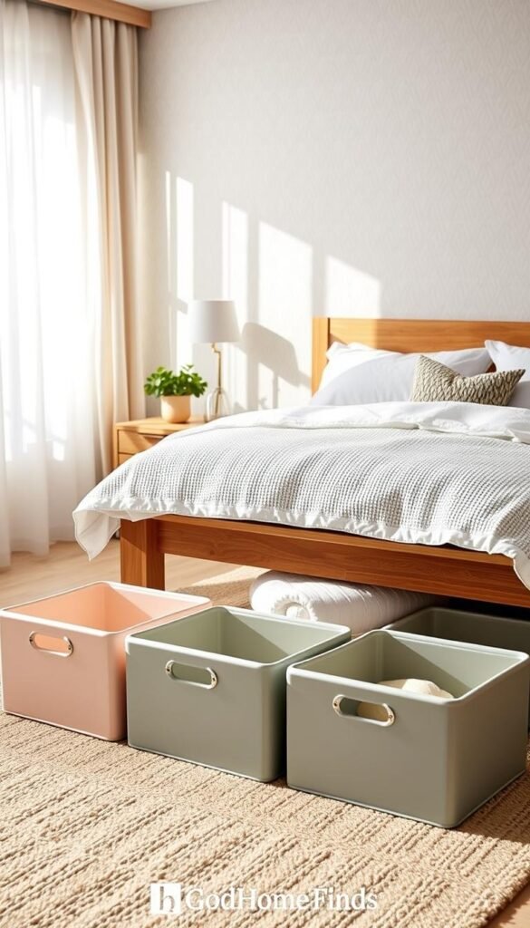 A cozy, stylish bedroom featuring low-profile under-bed storage solutions. In the foreground, neatly arranged, contemporary under-bed bins in soft pastel colors, complemented by plush, textured bedding. The middle ground showcases a minimalist wooden bed frame, elevated just enough to highlight the storage beneath, while a stylish nightstand holds a small potted plant and a warm lamp emitting a soft glow. The background features subtle wallpaper with a gentle pattern, enhancing the serene atmosphere. The lighting is natural, suggesting late afternoon sun filtering through sheer curtains, casting soft shadows that create a tranquil, organized ambiance. This Pinterest-inspired lifestyle image embodies the essence of understated elegance, perfect for modern small spaces. Include the brand name "GoodHomeFinds" subtly in the design without text. A cozy, stylish bedroom featuring low-profile under-bed storage solutions. In the foreground, neatly arranged, contemporary under-bed bins in soft pastel colors, complemented by plush, textured bedding. The middle ground showcases a minimalist wooden bed frame, elevated just enough to highlight the storage beneath, while a stylish nightstand holds a small potted plant and a warm lamp emitting a soft glow. The background features subtle wallpaper with a gentle pattern, enhancing the serene atmosphere. The lighting is natural, suggesting late afternoon sun filtering through sheer curtains, casting soft shadows that create a tranquil, organized ambiance. This Pinterest-inspired lifestyle image embodies the essence of understated elegance, perfect for modern small spaces. Include the brand name "GoodHomeFinds" subtly in the design without text.