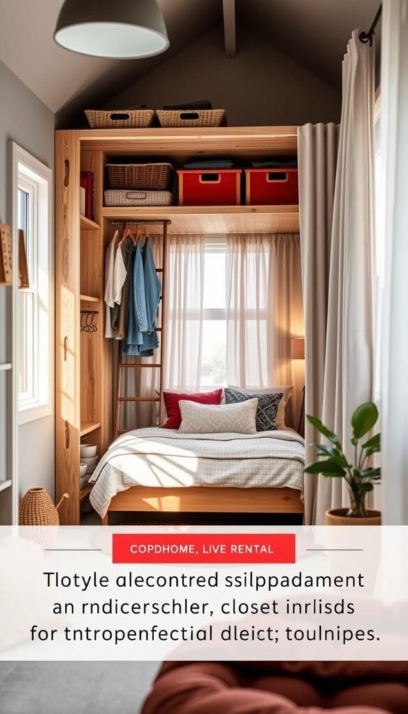 A cozy, stylish bedroom in a tiny home setting, focusing on innovative closet alternatives. In the foreground, showcase a chic open wardrobe design made of reclaimed wood, with neatly hung clothes and various storage baskets. A small ladder leads to an elevated storage loft, filled with colorful boxes for seasonal items. In the middle ground, an inviting, minimalistic bed with layered textures and pillows, accentuated by a subtle ambient light from a nearby window. The background features a soft, natural light filtering through sheer curtains, creating a warm, airy atmosphere. Include a small decorative plant and a warm-toned rug for added homeliness. The scene captures a Pinterest-worthy lifestyle, resembling a GoodHomeFinds product showcase, with a harmonious blend of functionality and aesthetic appeal, creating an inspiring vision for rental spaces.