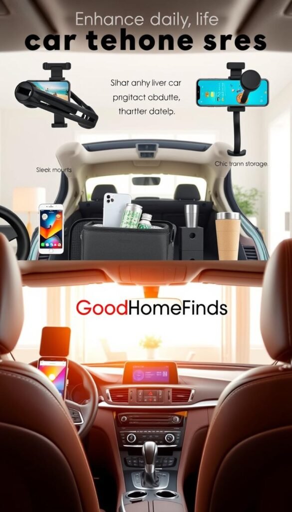 A cozy, stylish car interior transitions seamlessly into a modern home setting, showcasing car accessories that enhance daily life. In the foreground, clearly visible are high-quality car organizers and sleek phone mounts, exhibiting a blend of functionality and aesthetic appeal. The middle ground features a chic trunk storage solution and eco-friendly travel mugs, reflecting an organized lifestyle. In the background, a bright, airy home space with soft, natural lighting creates a warm atmosphere, highlighting the harmony between car and home products. The image should evoke a sense of practicality and elegance, styled in a Pinterest-worthy layout. Incorporate the brand "GoodHomeFinds" subtly in the setting without text overlays, focusing on realistic details and textures to captivate viewers.