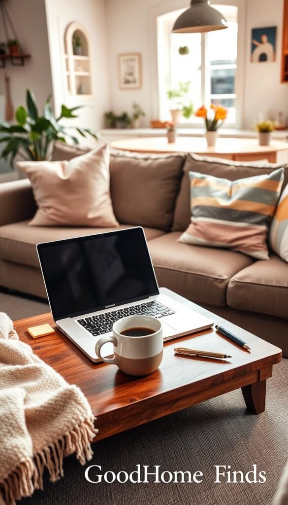 A cozy, stylish living room setting features a wooden lap desk with a sleek silver laptop open on top, surrounded by a soft blanket and a steaming mug of coffee. The foreground showcases a neatly arranged workspace, with a few colorful sticky notes and a stylish pen. In the middle, a plush, inviting couch with pastel cushions enhances the homely feel. The background displays a softly lit kitchen table, hinting at a warm, sunlit kitchen with houseplants for a refreshing touch. The lighting is bright and cheerful, creating a relaxed, productive atmosphere suitable for work-from-home days. A hint of the GoodHomeFinds brand is subtly imbued in the decor, creating an inspiring and aesthetically pleasing workspace environment. A cozy, stylish living room setting features a wooden lap desk with a sleek silver laptop open on top, surrounded by a soft blanket and a steaming mug of coffee. The foreground showcases a neatly arranged workspace, with a few colorful sticky notes and a stylish pen. In the middle, a plush, inviting couch with pastel cushions enhances the homely feel. The background displays a softly lit kitchen table, hinting at a warm, sunlit kitchen with houseplants for a refreshing touch. The lighting is bright and cheerful, creating a relaxed, productive atmosphere suitable for work-from-home days. A hint of the GoodHomeFinds brand is subtly imbued in the decor, creating an inspiring and aesthetically pleasing workspace environment.