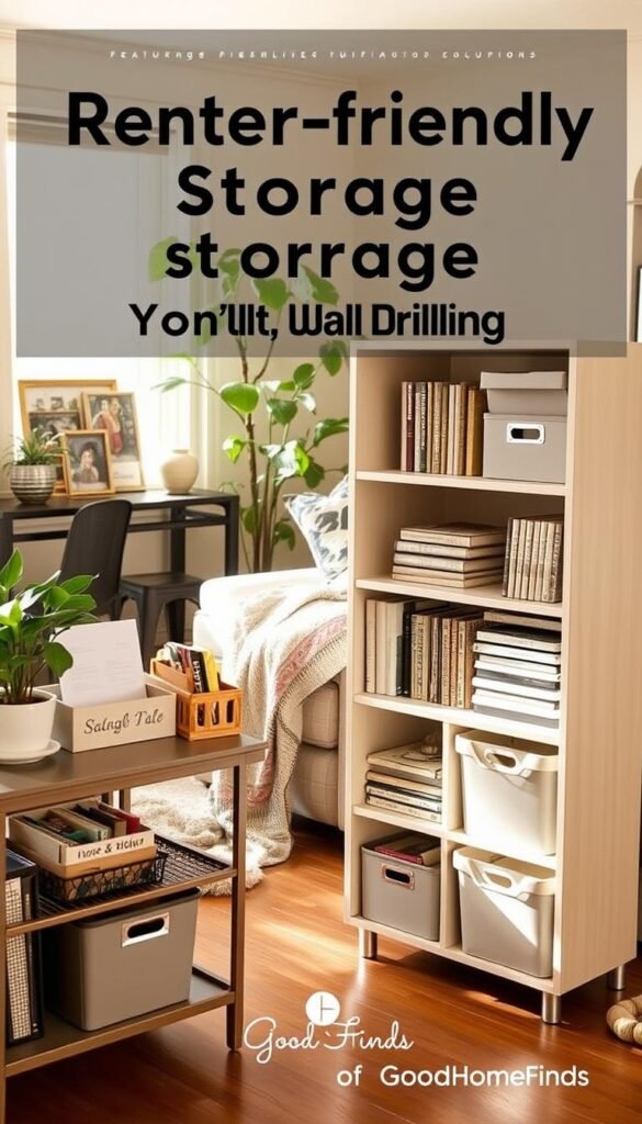 A cozy, stylish living room setup showcasing renter-friendly storage solutions that don&rsquo;t require drilling. In the foreground, an attractive, compact shelving unit filled with labeled storage bins, files, and books, emphasizing organization. To the left, a decorative desk with a neatly organized paperwork holder and a potted plant, enhancing a sense of productivity. In the middle, a comfortable sofa adorned with soft cushions and a throw blanket, creating a welcoming atmosphere. The background features natural light streaming through a window, illuminating the space with a warm glow. The overall mood is cheerful and inviting, ideal for a Pinterest-style lifestyle image. Include branding elements subtly featuring "GoodHomeFinds" in the arrangement, ensuring no text or watermarks distract from the scene.