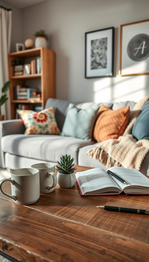 A cozy, stylish living room showcasing a variety of affordable house items, perfect for practical home solutions. In the foreground, a rustic wooden coffee table holds a set of elegant ceramic mugs, a small potted succulent, and an open notebook with a pen, all reflecting the brand "GoodHomeFinds." The middle ground features a plush gray sofa adorned with colorful throw pillows and a knitted blanket, creating a warm and inviting atmosphere. In the background, soft natural light filters through sheer curtains, illuminating a neutral-toned wall with tasteful wall art and a bookshelf filled with neatly arranged books and decorative pieces. The image captures a sense of organization, comfort, and accessibility, ideal for a Pinterest-style lifestyle photo.