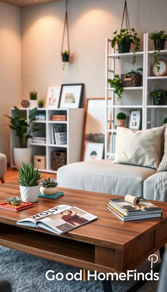 A cozy, stylish living room showcasing innovative home organization solutions that also serve as decorative elements. In the foreground, a sleek wooden coffee table adorned with neatly arranged magazines, a pot of succulent plants, and colorful coasters. In the middle, a minimalist bookshelf filled with neatly organized books, decorative storage boxes, and framed art pieces. The background features a soft, textured wall, with hanging potted plants and a warm, inviting lighting effect. The atmosphere is serene and modern, emphasizing the balance between functionality and aesthetic appeal. The scene captures a Pinterest-inspired vibe, showcasing the perfect blend of organization and home decor. GoodHomeFinds logo subtly integrated into the scene.