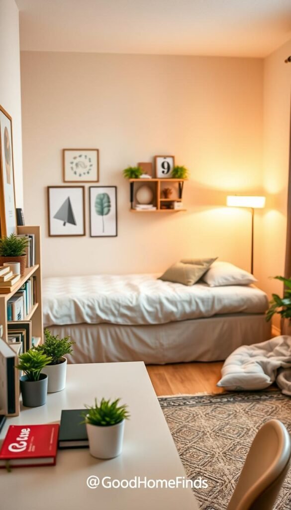 A cozy, stylish rented living space designed for renters and dorms. In the foreground, a well-organized, clutter-free desk showcases renter-friendly decor items such as removable wall art, a compact bookshelf filled with books, and a few green plants. In the middle, a comfy, neatly made bed with soft linens, accented by decorative pillows and a wall-mounted, no-drill shelf displaying personal items. The background features warm ambient lighting from a stylish lamp, highlighting the room’s inviting atmosphere. The color palette consists of soft pastels and earthy tones, creating a calming environment. Natural light streams through a window, adding to the mood. Capture this lifestyle scene for "GoodHomeFinds" in a Pinterest-inspired style without any text or overlays. A cozy, stylish rented living space designed for renters and dorms. In the foreground, a well-organized, clutter-free desk showcases renter-friendly decor items such as removable wall art, a compact bookshelf filled with books, and a few green plants. In the middle, a comfy, neatly made bed with soft linens, accented by decorative pillows and a wall-mounted, no-drill shelf displaying personal items. The background features warm ambient lighting from a stylish lamp, highlighting the room’s inviting atmosphere. The color palette consists of soft pastels and earthy tones, creating a calming environment. Natural light streams through a window, adding to the mood. Capture this lifestyle scene for "GoodHomeFinds" in a Pinterest-inspired style without any text or overlays.