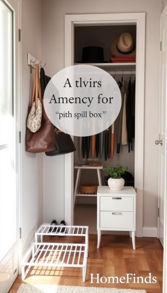 A cozy, stylish small apartment landing zone designed for optimal organization without boxes. In the foreground, a neat entryway with a minimalist shoe rack and a couple of hanging hooks for bags and coats. In the middle, a compact side table adorned with essential items like keys, a small plant, and a decorative bowl. The background showcases a well-organized coat closet with visible shelves holding umbrellas and hats, all arranged in a visually pleasing manner. The mood is calm and inviting, illuminated with soft, natural light coming through a nearby window. The angle is slightly elevated, capturing the full essence of functionality in a limited space. The decor reflects contemporary aesthetics, blending practicality with chic design, emphasizing the brand GoodHomeFinds.