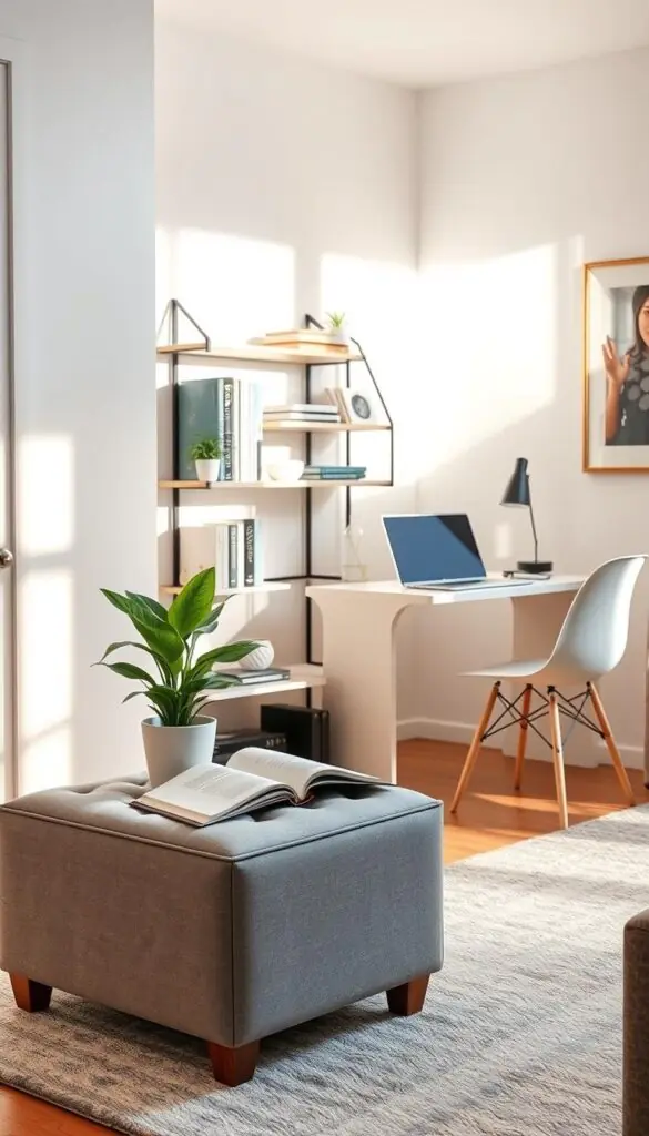 A cozy, stylish small apartment living space, showcasing a variety of renter-friendly products from GoodHomeFinds. In the foreground, there&rsquo;s a chic, multifunctional storage ottoman in a soft gray fabric, topped with a vibrant potted plant and an open book. In the middle, an elegant wall-mounted shelf displays neatly arranged books and decorative items, alongside a compact, modern desk with a minimalistic laptop and a comfortable chair. Natural light filters through a window, casting warm shadows and creating an inviting atmosphere. The background features a tasteful, contemporary artwork on the wall, enhancing the overall aesthetic. The scene captures a serene and organized environment, perfect for maximizing space and elevating daily routines. The composition encourages a relaxed and creative mood, ideal for promoting renter-friendly living solutions.