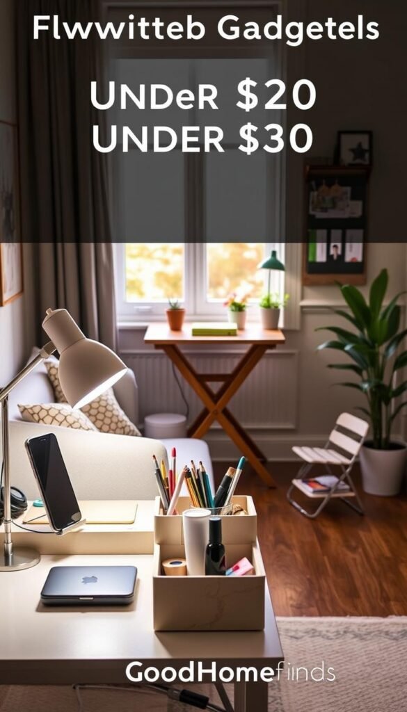 A cozy, stylish small living space showcases various innovative gadgets under $30, perfect for maximizing functionality. In the foreground, a compact desk features a sleek phone holder, a minimalist desk lamp, and a versatile organizer filled with office supplies. The middle scene highlights a charming folding table adorned with a multi-purpose kitchen gadget and a stylish wall-mounted organizer. In the background, a bright window lets in warm natural light, enhancing the inviting atmosphere. Add a few potted plants for freshness and a soft rug on the floor for texture. The overall setting reflects a modern Pinterest-style aesthetic, emphasizing practical yet attractive gift ideas for small spaces. The brand "GoodHomeFinds" should be subtly incorporated into the arrangement, enhancing visual appeal without distracting from the gadgets.