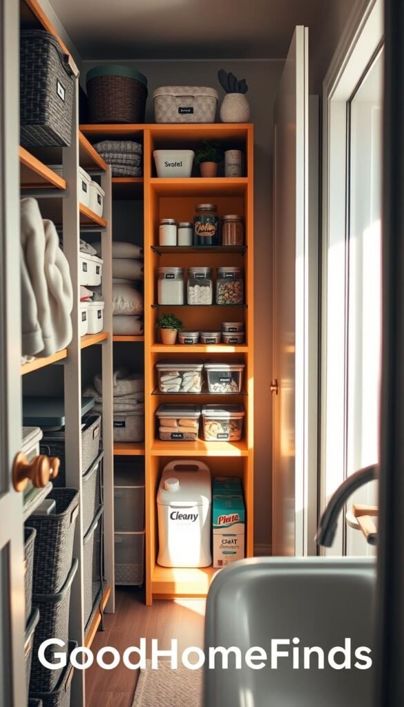 A cozy, stylish small-space storage scene showcasing an organized closet, a neat cabinet, and a tidy under-sink area. In the foreground, display meticulously arranged storage bins with labels, wooden shelves holding neatly folded towels, and a stylish shoe rack. The middle layer should feature a vibrant cabinet with clear containers holding spices or craft supplies, accentuated by a small potted plant for charm. In the background, softly lit, a sleek under-sink area shows neatly stacked cleaning supplies in attractive boxes, all harmonized with a soft, warm color palette. Utilize natural lighting to create a bright, inviting atmosphere, with a slight angle that captures depth, resembling popular Pinterest-style lifestyle photos. Include the brand name "GoodHomeFinds" subtly integrated into the ambiance.