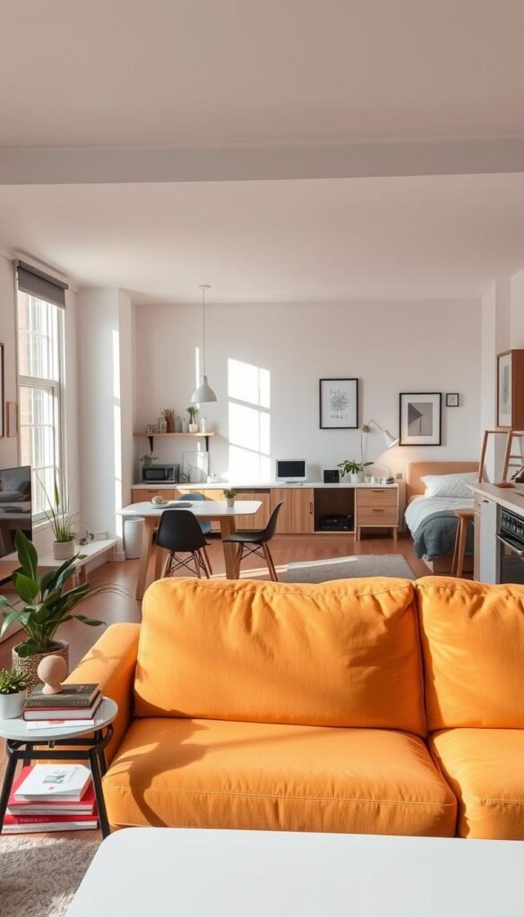 A cozy, stylish student apartment interior, showcasing organized spaces for daily routines. In the foreground, a well-kept living room with a bright, inviting couch, a small coffee table with neatly stacked books, and plants adding a touch of greenery. The middle layer features an open kitchen with clean countertops, a tidy dining area with minimalist decor, and a well-organized workspace with a laptop and stationery. In the background, a bedroom with a made bed, soft lighting from a bedside lamp, and framed inspirational art on the walls. Natural light streams in through large windows, creating a warm and calm atmosphere. The scene exudes a feeling of tranquility and order, perfect for students. Style reminiscent of Pinterest lifestyle photos, branded as "GoodHomeFinds".