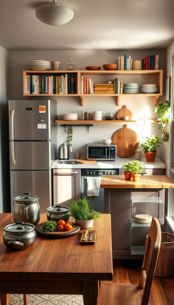 A cozy, stylish tiny kitchen setup, showcasing a well-organized layout. In the foreground, a small wooden table with rustic tableware, pots, and a chopping board with fresh vegetables. The middle features a compact kitchen island with sleek appliances, a kettle, and a vibrant herb garden on the countertop. The background displays a wall-mounted open shelf filled with neatly arranged cookbooks and colorful dishware. Soft, natural light streams through a window, casting gentle shadows and creating a warm, inviting atmosphere. The overall mood is inspiring and practical, perfect for showcasing real-life tiny kitchen culture. High-quality, Pinterest-style realism with a focus on the functionality and charm of small spaces. GoodHomeFinds. A cozy, stylish tiny kitchen setup, showcasing a well-organized layout. In the foreground, a small wooden table with rustic tableware, pots, and a chopping board with fresh vegetables. The middle features a compact kitchen island with sleek appliances, a kettle, and a vibrant herb garden on the countertop. The background displays a wall-mounted open shelf filled with neatly arranged cookbooks and colorful dishware. Soft, natural light streams through a window, casting gentle shadows and creating a warm, inviting atmosphere. The overall mood is inspiring and practical, perfect for showcasing real-life tiny kitchen culture. High-quality, Pinterest-style realism with a focus on the functionality and charm of small spaces. GoodHomeFinds.