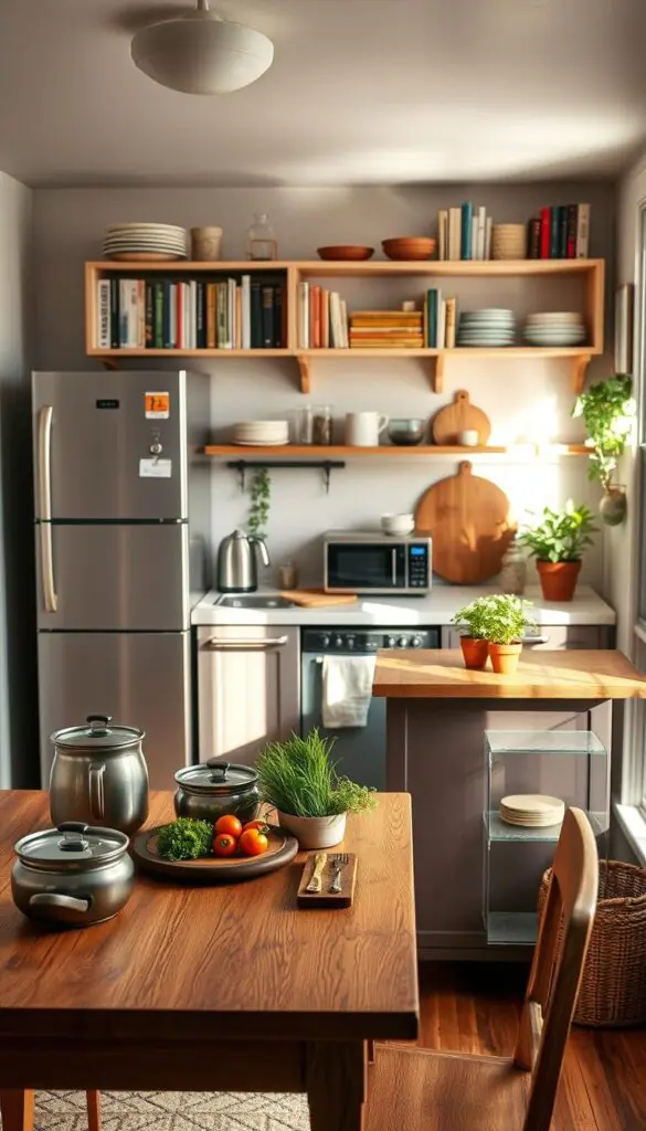 A cozy, stylish tiny kitchen setup, showcasing a well-organized layout. In the foreground, a small wooden table with rustic tableware, pots, and a chopping board with fresh vegetables. The middle features a compact kitchen island with sleek appliances, a kettle, and a vibrant herb garden on the countertop. The background displays a wall-mounted open shelf filled with neatly arranged cookbooks and colorful dishware. Soft, natural light streams through a window, casting gentle shadows and creating a warm, inviting atmosphere. The overall mood is inspiring and practical, perfect for showcasing real-life tiny kitchen culture. High-quality, Pinterest-style realism with a focus on the functionality and charm of small spaces. GoodHomeFinds.