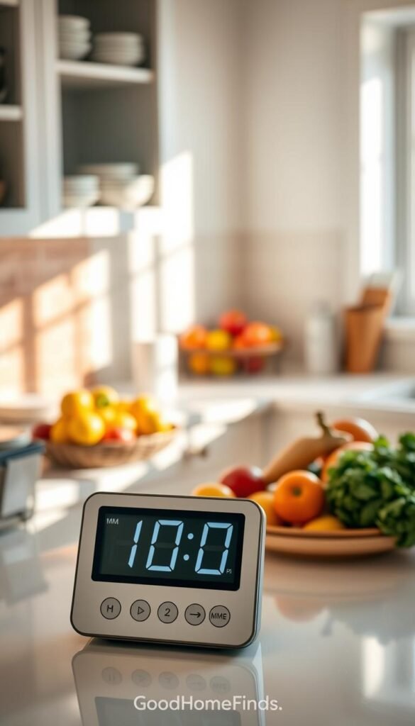 A cozy, sunlit kitchen setting with a modern digital timer prominently displayed on a pristine countertop. In the foreground, the timer shows 10 minutes, with sleek buttons illuminated. The middle ground features a tidy arrangement of colorful fruits and vegetables, suggesting a clean and organized workspace, emphasizing a quick win. The background includes softly blurred shelves filled with neatly stacked bowls and containers, contributing to a gentle, inviting atmosphere. The soft natural light streaming through a window casts warm tones, creating a sense of calm and focus. The image should evoke motivation and clarity, ideal for illustrating the concept of setting timers to manage clutter efficiently. This lifestyle photo captures the essence of achieving small victories at home. GoodHomeFinds. A cozy, sunlit kitchen setting with a modern digital timer prominently displayed on a pristine countertop. In the foreground, the timer shows 10 minutes, with sleek buttons illuminated. The middle ground features a tidy arrangement of colorful fruits and vegetables, suggesting a clean and organized workspace, emphasizing a quick win. The background includes softly blurred shelves filled with neatly stacked bowls and containers, contributing to a gentle, inviting atmosphere. The soft natural light streaming through a window casts warm tones, creating a sense of calm and focus. The image should evoke motivation and clarity, ideal for illustrating the concept of setting timers to manage clutter efficiently. This lifestyle photo captures the essence of achieving small victories at home. GoodHomeFinds.