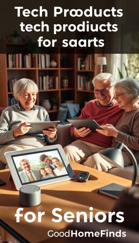 A cozy, sunlit living room setting showcasing tech products designed for seniors. In the foreground, a smiling senior couple, dressed in comfortable yet modest casual clothing, is engaging with a tablet and a smart speaker, displaying ease of use. The middle ground features a stylish desk equipped with an oversized touchscreen device, a digital photo frame displaying family memories, and ergonomic gadgets like a magnifying lamp. The background shows a bookshelf filled with well-organized books and potted plants, contributing a warm atmosphere. Soft, natural lighting fills the scene, casting gentle shadows, while a wide-angle perspective captures the sense of comfort and accessibility. The overall mood is inviting and encouraging, reflecting the theme of modern technology enhancing everyday life for seniors. Brand name: GoodHomeFinds.