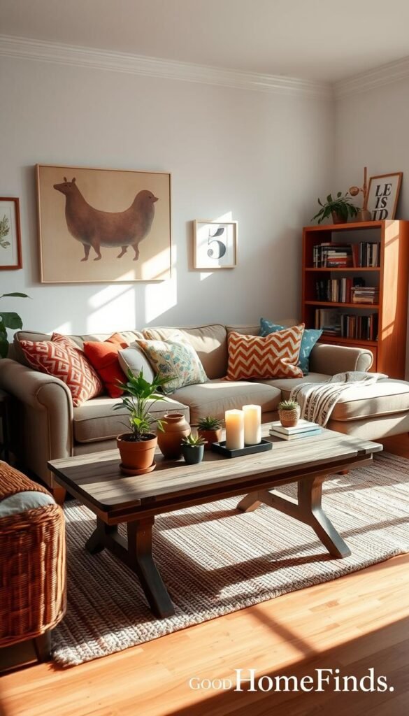 A cozy, sunlit living room showcasing a stylish yet budget-friendly decor setup, featuring a chic thrifted sofa adorned with colorful throw pillows, a rustic wooden coffee table adorned with potted plants and candles. In the background, there’s an inviting corner with a vintage bookshelf filled with well-loved books and framed art pieces. Soft natural light filters through a large window, casting gentle shadows across the room, creating a warm, inviting atmosphere. The scene captures a sense of comfort and creativity, emphasizing affordable, smart decor alternatives. Use a wide-angle lens to enhance the spacious feel of the room, aiming for a bright, uplifting mood. Incorporate subtle branding elements associated with "GoodHomeFinds", while maintaining a Pinterest-style aesthetic. A cozy, sunlit living room showcasing a stylish yet budget-friendly decor setup, featuring a chic thrifted sofa adorned with colorful throw pillows, a rustic wooden coffee table adorned with potted plants and candles. In the background, there’s an inviting corner with a vintage bookshelf filled with well-loved books and framed art pieces. Soft natural light filters through a large window, casting gentle shadows across the room, creating a warm, inviting atmosphere. The scene captures a sense of comfort and creativity, emphasizing affordable, smart decor alternatives. Use a wide-angle lens to enhance the spacious feel of the room, aiming for a bright, uplifting mood. Incorporate subtle branding elements associated with "GoodHomeFinds", while maintaining a Pinterest-style aesthetic.