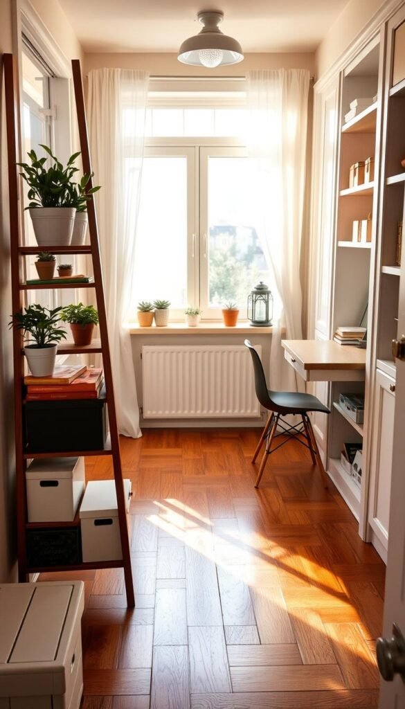A cozy, sunlit window area storage space in a tiny home, showcasing innovative uses of vertical space. In the foreground, a stylish ladder shelf filled with potted plants, books, and decorative storage boxes. The middle features a large, bright window with sheer white curtains, allowing gentle, natural light to flood in, illuminating the rich wood floor. On the windowsill, small succulents and a vintage lantern add charm. The background reveals a functional corner with built-in shelves and a compact desk, harmonizing modern design with a warm atmosphere. The mood is inviting and creative, emphasizing stylish organization in small spaces. Capture this scene in a soft, natural light with a slight focus on depth, evoking a Pinterest-perfect lifestyle. GoodHomeFinds.