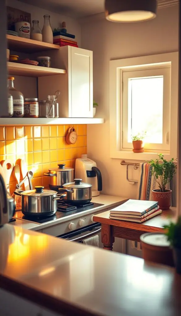 A cozy tiny kitchen filled with warm, natural light streaming through a small window, reflecting off surfaces in a cheerful atmosphere. In the foreground, a neatly organized countertop showcases various cooking tools and ingredients in an inviting manner. A compact stove and bright backsplash fill the middle of the scene, displaying pots and pans ready for use. A small wooden table in the background is adorned with cookbooks and fresh herbs, emphasizing the cooking goals theme. The overall vibe is inspirational and motivating, perfect for setting goals in a small space. Use a softly blurred effect to enhance the intimate feel of the space. The composition should feel modern and visually pleasing, aligning with the aesthetic of GoodHomeFinds.