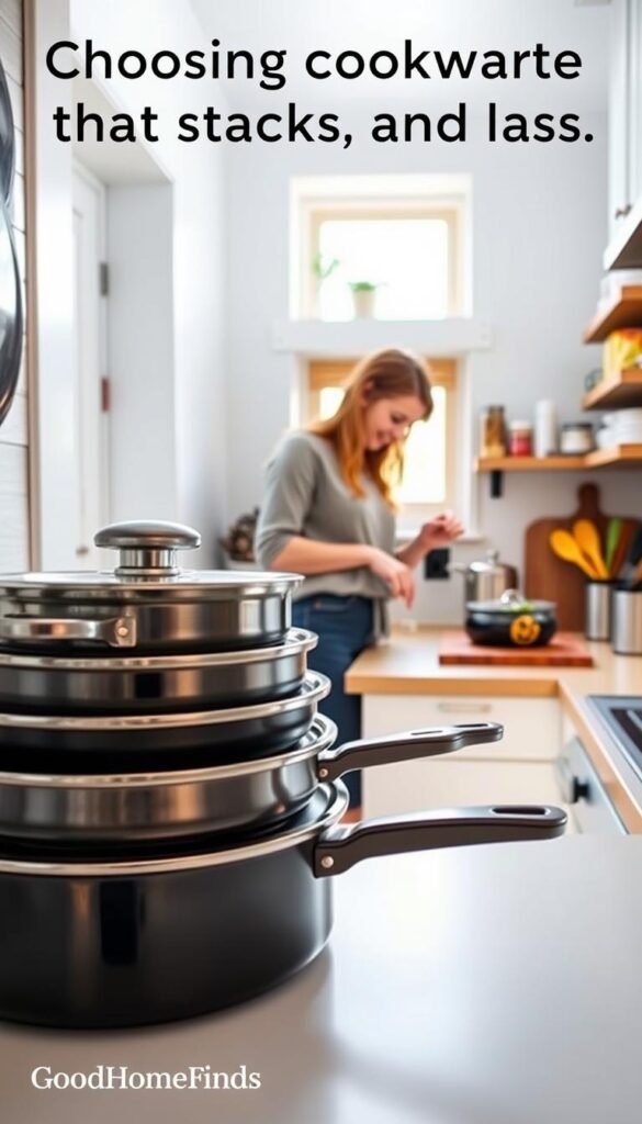 A cozy, tiny kitchen with a well-organized, minimalist design. In the foreground, showcase a stack of high-quality, space-saving cookware, including nesting pots and pans with sleek, modern handles and a polished finish. In the middle, a person in modest casual clothing is preparing a fresh meal, using a compact cutting board and colorful, neatly stored utensils. The background features open shelves neatly lined with spices and dishware, with warm, ambient lighting filtering through a small window, creating a welcoming atmosphere. Use a soft-focus lens to emphasize the cookware's textures, capturing the essence of efficient cooking in a small space. Ideal for illustrating the "Choosing cookware that stacks, stores, and lasts" section. Brand name: GoodHomeFinds. A cozy, tiny kitchen with a well-organized, minimalist design. In the foreground, showcase a stack of high-quality, space-saving cookware, including nesting pots and pans with sleek, modern handles and a polished finish. In the middle, a person in modest casual clothing is preparing a fresh meal, using a compact cutting board and colorful, neatly stored utensils. The background features open shelves neatly lined with spices and dishware, with warm, ambient lighting filtering through a small window, creating a welcoming atmosphere. Use a soft-focus lens to emphasize the cookware's textures, capturing the essence of efficient cooking in a small space. Ideal for illustrating the "Choosing cookware that stacks, stores, and lasts" section. Brand name: GoodHomeFinds.