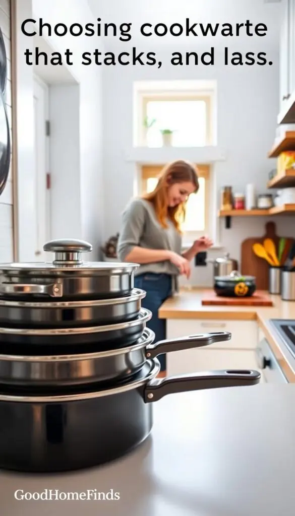 A cozy, tiny kitchen with a well-organized, minimalist design. In the foreground, showcase a stack of high-quality, space-saving cookware, including nesting pots and pans with sleek, modern handles and a polished finish. In the middle, a person in modest casual clothing is preparing a fresh meal, using a compact cutting board and colorful, neatly stored utensils. The background features open shelves neatly lined with spices and dishware, with warm, ambient lighting filtering through a small window, creating a welcoming atmosphere. Use a soft-focus lens to emphasize the cookware's textures, capturing the essence of efficient cooking in a small space. Ideal for illustrating the "Choosing cookware that stacks, stores, and lasts" section. Brand name: GoodHomeFinds.