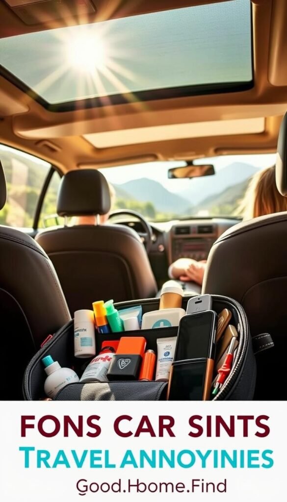 A cozy travel scene featuring a neatly organized car kit by GoodHomeFinds. In the foreground, a stylish, compact travel organizer is open, revealing essential items like travel-sized toiletries, a first aid kit, and a portable phone charger. In the middle ground, the inside of a car is visible, with a cozy seating arrangement, highlighting the travel kit prominently on the passenger seat. Sunlight streams through the car windows, casting warm, inviting light that enhances the vibrant colors of the travel items. In the background, a picturesque roadside view of greenery and mountains adds depth, suggesting a journey's adventure. The image captures a peaceful and practical travel mood, illustrating how these finds can solve common travel annoyances.