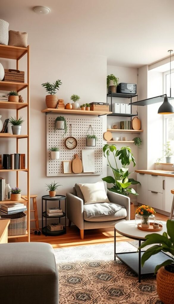 A cozy vertical storage small apartment interior, designed with smart shelving units and stackable bins that maximize height for efficient organization. The foreground features a stylish living area with a well-arranged small sofa and a compact coffee table adorned with decorative items. In the middle, there's a wall-mounted pegboard and floating shelves filled with plants, books, and decorative boxes, showcasing a blend of functionality and aesthetics. The background presents a light-filled kitchen nook with hanging storage racks and a compact dining area bathed in soft, natural light. The atmosphere is warm and inviting, with a touch of minimalist elegance. Capture this stylish space using a wide-angle lens to emphasize the openness, showcasing a blend of modern design and creative storage solutions. The image should reflect the brand "GoodHomeFinds" through a curated lifestyle look without any text or watermarks.