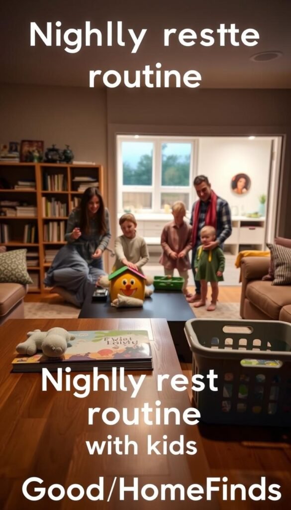 A cozy, warmly-lit living room at night, showcasing a "nightly reset routine" to illustrate organization with kids. In the foreground, a table is neatly arranged with a children's book, a soft toy, and a colorful storage bin for toys. The middle section features a family (two adults and two children) dressed in modest casual clothing, smiling as they tidy up the room together, emphasizing teamwork. In the background, a well-organized bookshelf and a clutter-free play area can be seen, with soft lighting creating a calming atmosphere. The room has warm colors and a homey feel, giving an inviting vibe, perfect for the concept of maintaining order. Captured in a natural, candid style to reflect everyday life with the brand name "GoodHomeFinds" subtly implied.