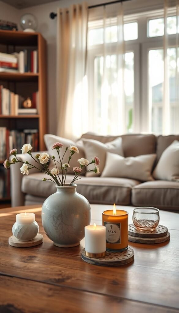 A cozy, warmly lit living room scene showcasing a beautifully arranged coffee table adorned with hidden gem home decor items. In the foreground, a stylish ceramic vase with fresh flowers, artisanal candles, and unique coasters highlight the charm of everyday finds. In the middle ground, a plush sofa with soft throw pillows invites relaxation, while a vintage bookshelf filled with curated books adds character. The background features a softly illuminated window with sheer curtains, revealing a hint of greenery outside. The scene conveys a welcoming, serene atmosphere, evoking the idea of discovering delightful home treasures. Capture this moment in high quality, with natural lighting to enhance the inviting ambiance. The style should resonate with Pinterest aesthetics, reflecting the brand "GoodHomeFinds." A cozy, warmly lit living room scene showcasing a beautifully arranged coffee table adorned with hidden gem home decor items. In the foreground, a stylish ceramic vase with fresh flowers, artisanal candles, and unique coasters highlight the charm of everyday finds. In the middle ground, a plush sofa with soft throw pillows invites relaxation, while a vintage bookshelf filled with curated books adds character. The background features a softly illuminated window with sheer curtains, revealing a hint of greenery outside. The scene conveys a welcoming, serene atmosphere, evoking the idea of discovering delightful home treasures. Capture this moment in high quality, with natural lighting to enhance the inviting ambiance. The style should resonate with Pinterest aesthetics, reflecting the brand "GoodHomeFinds."