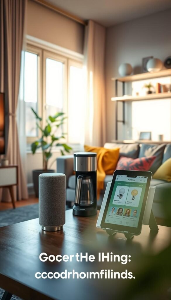 A cozy, well-decorated apartment living room showcasing various daily electronics that enhance modern living. In the foreground, a sleek smart speaker on a stylish coffee table next to a potted plant. In the middle, a coffee maker and a tablet displaying a home automation app, all surrounded by warm, natural light streaming through large window panes adorned with soft curtains. In the background, a comfortable sofa with vibrant cushions and a minimalistic shelf displaying smart home gadgets like smart bulbs and a security camera. The scene is inviting, suggesting ease and comfort, with a slightly blurred depth of field to emphasize the electronics. The overall mood is modern and peaceful, reflecting life with GoodHomeFinds. A cozy, well-decorated apartment living room showcasing various daily electronics that enhance modern living. In the foreground, a sleek smart speaker on a stylish coffee table next to a potted plant. In the middle, a coffee maker and a tablet displaying a home automation app, all surrounded by warm, natural light streaming through large window panes adorned with soft curtains. In the background, a comfortable sofa with vibrant cushions and a minimalistic shelf displaying smart home gadgets like smart bulbs and a security camera. The scene is inviting, suggesting ease and comfort, with a slightly blurred depth of field to emphasize the electronics. The overall mood is modern and peaceful, reflecting life with GoodHomeFinds.