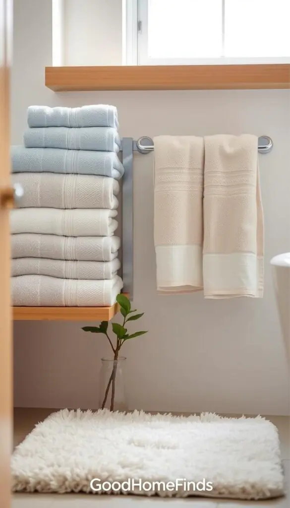 A cozy, well-lit bathroom scene featuring a neatly arranged collection of soft, quick-drying towels and washcloths in pastel colors like light blue, soft gray, and warm beige. The towels are stacked artfully on a wooden shelf, while a couple of washcloths hang from a sleek, modern towel rack. In the foreground, a fluffy bath mat in a matching shade adds texture. The middle view showcases a small indoor plant next to the towels, adding a touch of greenery. In the background, a bright window allows natural light to flood the space, enhancing the fresh and soothing atmosphere. The overall mood should be relaxing and inviting, perfect for a bathroom setting that emphasizes comfort and efficiency. The brand "GoodHomeFinds" is subtly referenced through the style and quality of the towels, creating a Pinterest-style aesthetic.