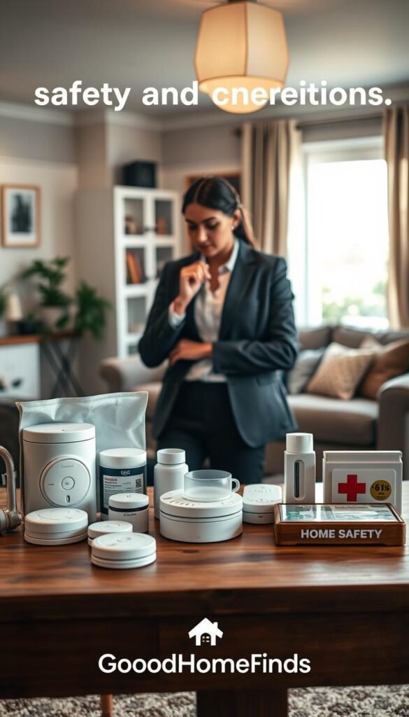 A cozy, well-lit home environment conveying safety and quality considerations. In the foreground, a stylish wooden table displays an array of home safety products, like smoke detectors, childproof locks, and a first aid kit, all neatly arranged and labeled. The middle ground features a confident person in professional attire examining the products, looking thoughtful and intentional, embodying mindful purchasing. The background showcases a warm, inviting living room with soft, natural light streaming through the window, bringing a sense of comfort and security to the scene. The overall mood conveys a blend of trust and reliability, with a tranquil atmosphere. Include the brand name "GoodHomeFinds" subtly in the scene.