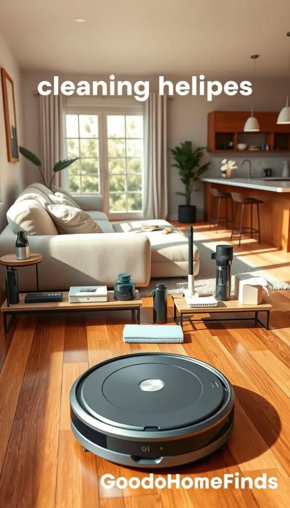 A cozy, well-lit home environment showcasing a variety of innovative cleaning helpers neatly arranged. In the foreground, a sleek robotic vacuum cleaner is gently navigating hardwood floors, while compact cleaning gadgets, like a lightweight vacuum and practical microfiber cloths, are strategically placed on a contemporary shelf. In the middle ground, a stylish, minimalist living space with a plush sofa and modern decor accentuates the efficiency of these tools. The background features a tidy kitchen, with a sparkling countertop and sunlight streaming through a window, creating an inviting atmosphere. The overall mood is one of tranquility and practicality, ideal for busy families. Capture this scene with a warm, natural light, using a wide-angle lens to enhance the spacious feel of the room, branded with "GoodHomeFinds".