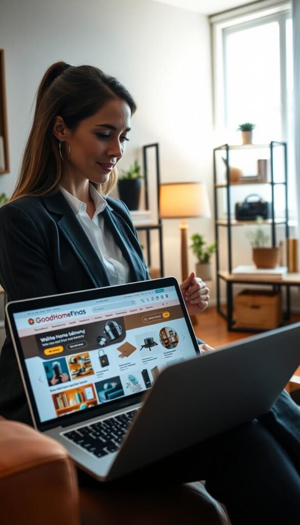 A cozy, well-lit home interior showcasing a woman in professional business attire thoughtfully browsing her laptop featuring the GoodHomeFinds website. In the foreground, an open laptop displays vibrant product images of household items available for fast delivery. In the middle, there are stylish, organized shelves filled with various home d&eacute;cor and gadgets, symbolizing the balance between trendy and practical purchases. The background reveals a warm living room ambiance with soft lighting from a nearby lamp, creating an inviting atmosphere. Light spills through a window, highlighting a small plant and a few well-placed books, accentuating a sense of mindful shopping with an emphasis on quality over quantity. The mood is serene and focused, embodying the essence of efficient and useful online shopping.