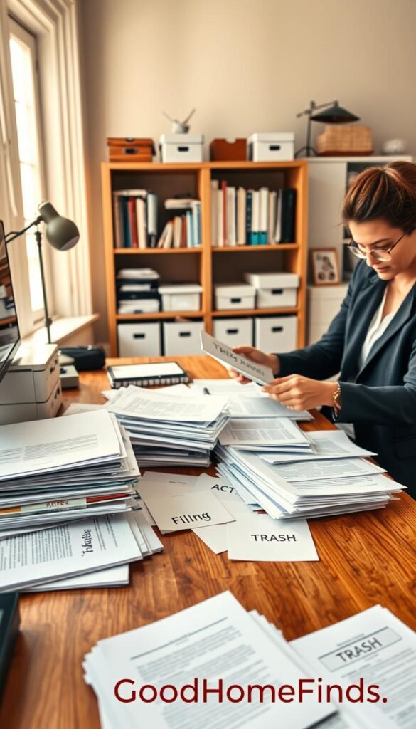 A cozy, well-lit home office scene, featuring a wooden desk scattered with various triage sorted paperwork&mdash;some neatly categorized in labeled folders marked "Action," "Filing," and "Trash." In the foreground, a person dressed in smart casual attire is keenly sorting through the paperwork, demonstrating an organized approach. The middle ground includes an aesthetically appealing bookshelf filled with neatly arranged books and storage boxes. In the background, the soft glow of a window suggests a bright, inviting atmosphere. The lighting is warm and natural, creating a productive yet peaceful mood. The style is reminiscent of a Pinterest lifestyle photo that evokes motivation and clarity, with no text or distractions. GoodHomeFinds.
