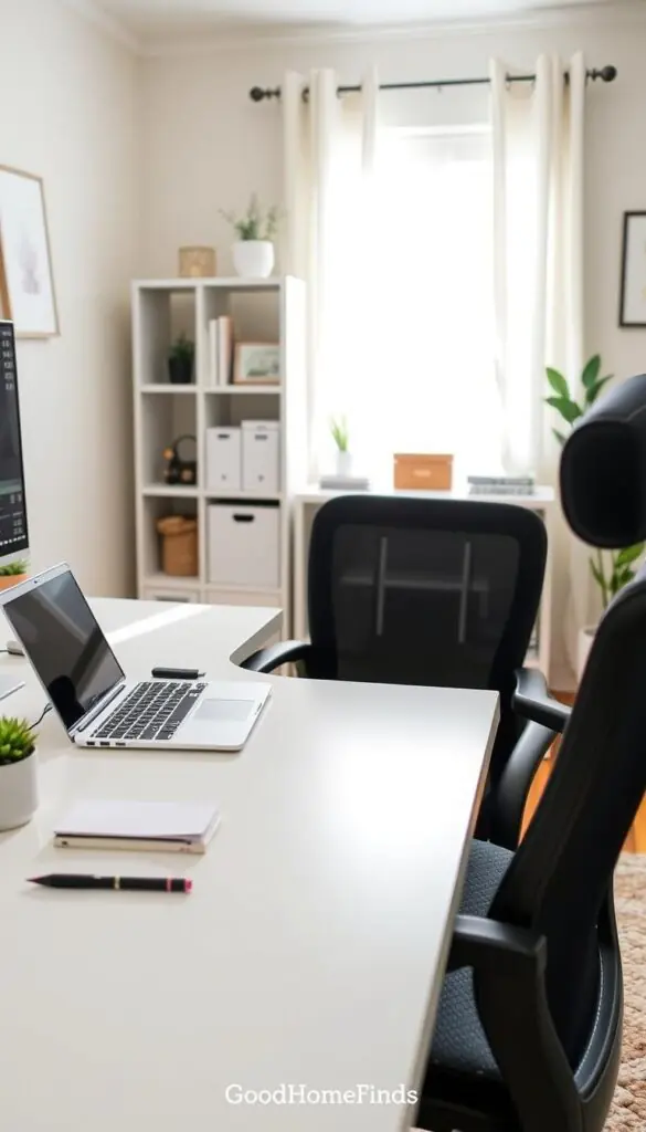 A cozy, well-lit home office scene featuring the best budget work-from-home tech products. In the foreground, a stylish yet affordable ergonomic chair and desk setup with a sleek laptop and a budget-friendly computer monitor. Scattered across the desk are a simple wireless keyboard, a notepad, and a small potted plant for a touch of greenery. In the middle ground, a bookshelf with decorative storage boxes and productivity books can be seen, enhancing the organized atmosphere. The background features a bright window with sheer curtains, allowing natural light to flood the room, creating a warm and inviting mood. The entire composition embodies a Pinterest-style lifestyle photo, capturing the essence of practicality and inspiration for a productive work environment. Include the brand name "GoodHomeFinds" subtly integrated into the scene.