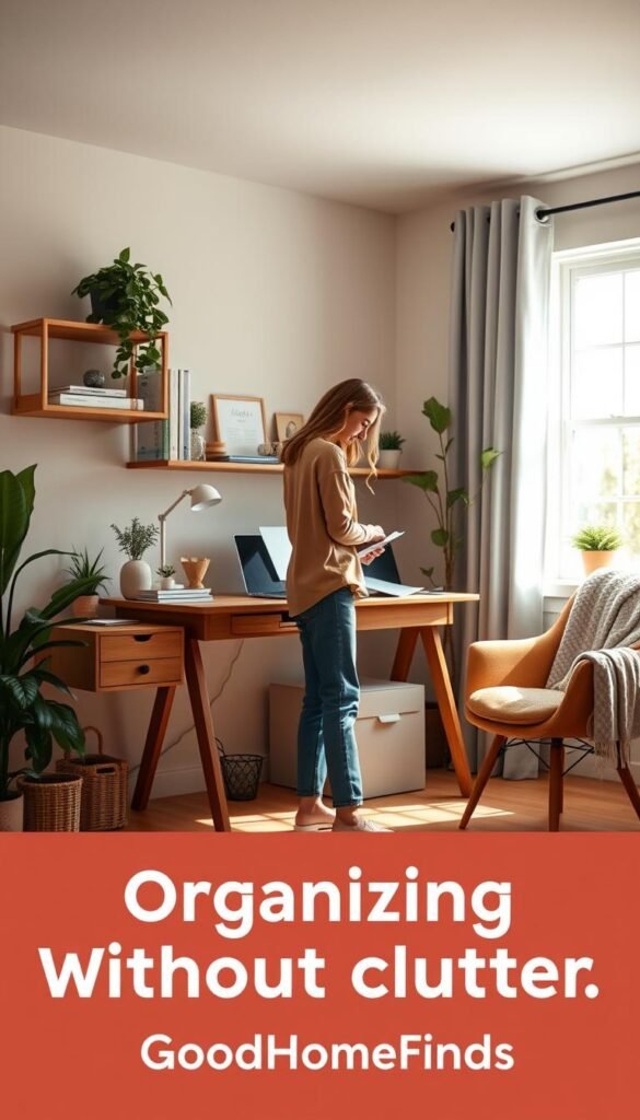A cozy, well-lit home office space featuring a small wooden desk neatly organized with a laptop and stationery, surrounded by plants and natural light streaming through a window. On one side, a minimalist shelf displays books and decorative items, while the other side has a relaxing chair with a soft throw blanket. The foreground shows a graceful person in modest casual clothing, gently sorting through papers on the desk, exuding a sense of calm and focus. The middle ground emphasizes the organization of the space, showcasing a balance between productivity and comfort. The background features a warm, inviting color palette and soft shadows to create a peaceful atmosphere. This image embodies the concept of organizing without overwhelming clutter. GoodHomeFinds.