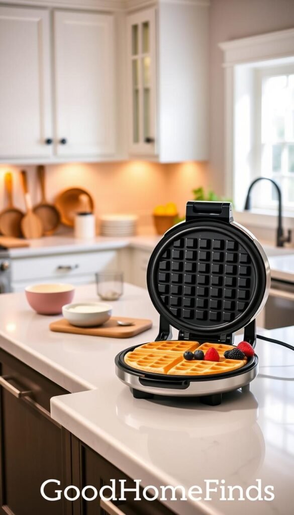 A cozy, well-lit kitchen featuring a Cuisinart Round Classic Waffle Maker prominently displayed on a modern countertop. In the foreground, the waffle maker is open, revealing golden-brown waffles, garnished with fresh berries and syrup. In the middle ground, a well-organized kitchen space showcases stylish utensils, a bowl of batter, and a small potted plant for a touch of greenery. The background includes soft, warm lighting that enhances the inviting atmosphere, paired with light-colored cabinetry and a window that allows natural light to filter in, adding a cheerful ambiance. The scene embodies a Pinterest-style lifestyle aesthetic, emphasizing the charm and functionality of a contemporary kitchen. The brand name "GoodHomeFinds" subtly integrated into the setting, enhancing the lifestyle appeal.