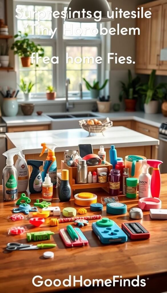 A cozy, well-lit kitchen setting showcasing a variety of surprisingly useful "tiny problem" home fixes. In the foreground, display an attractive wooden kitchen table with neatly organized, colorful small tools and gadgets like adhesive hooks, multi-purpose cleaning sprays, and clever storage solutions. In the middle, a stylish countertop features a compact charging station and a decorative bowl filled with assorted kitchen supplies. The background reveals sunny windows with plants, creating an inviting atmosphere. Soft, natural lighting highlights the textures and colors of the products, captured from a slightly elevated angle to emphasize depth. The overall mood is warm and inviting, evoking a sense of practicality and comfort in home life. Brand name "GoodHomeFinds" subtly integrated into the scene.